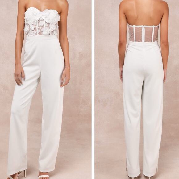Lulus Fashionista Nights Jumpsuit Medium White Mesh 3D Floral Strapless Bustier - Picture 1 of 14